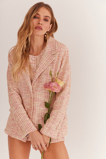 Blazer de Alfaiataria Acinturado em Tweed "Soleil Rose"