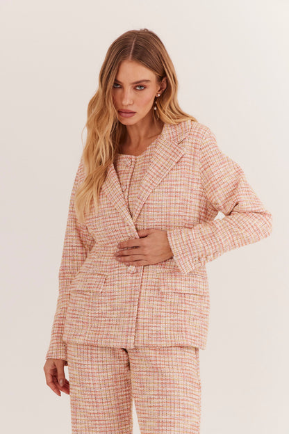 Blazer de Alfaiataria Acinturado em Tweed "Soleil Rose"