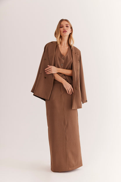 Conjunto Alfaiataria Risca de Giz "Noisette" Com Saia Longa